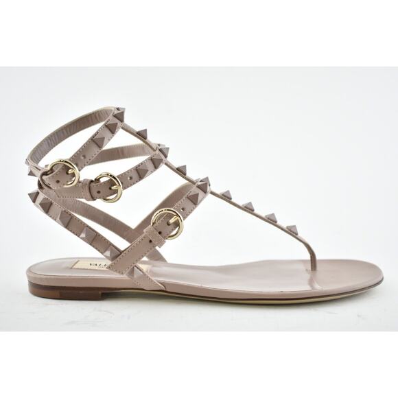 Valentino Rockstud Poudre Tonal Stud Triple Strap Thong Gladiator Flat Sandal 37 - Picture 2 of 11